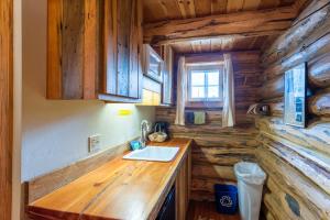 Log Cabin Motel في باينديل: مطبخ مع حوض وجدار خشبي