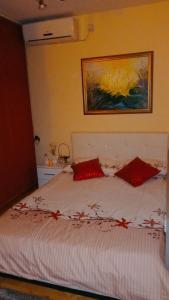 a bedroom with a bed with red pillows on it at M Central Park in Niš