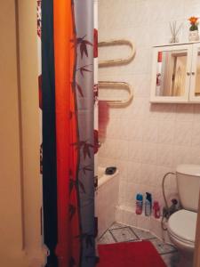 La salle de bains est pourvue d'un rideau de douche et de toilettes. dans l'établissement Apartamentai, à Tauragė