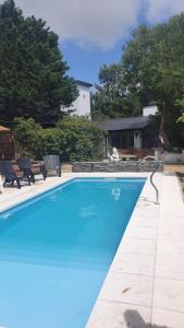 ein großes blaues Schwimmbecken mit zwei Bänken drumherum in der Unterkunft Cabañas LOS BEDUINOS in Mar de las Pampas