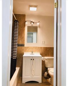 La salle de bains est pourvue d'un lavabo, de toilettes et d'un miroir. dans l'établissement 纽约ZUHUA长岛(Hofstra University) （霍夫斯特拉大学）民宿！, à Hempstead
