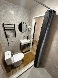 y baño con aseo, lavabo y espejo. en Апартаменты Well - Being en Umanʼ