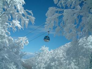 a ski lift in the snow with snow covered trees at PittINN in Goshogawara