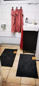 a bathroom with a sink and two black rugs at ÖLJERSJÖ COTTAGE in Lyckeby