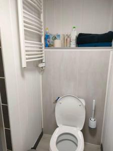 a bathroom with a white toilet with a shelf above it at A la porte des vosges in Raon-lʼÉtape