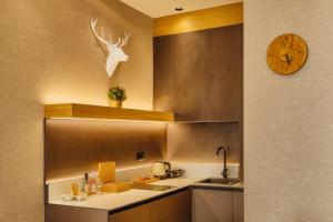 a kitchen with a counter and a clock on the wall at WILD BEAUTY Apartment-Modern mountain 2 in Kolašin