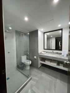 La salle de bains est pourvue de toilettes, d'un lavabo et d'un miroir. dans l'établissement Solamar Inn Mazatlan, à Mazatlán