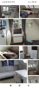 eine Collage aus Fotos eines Wohnzimmers mit einer Couch in der Unterkunft Dachgeschosswohnung Scharbeutz mit Garten in Scharbeutz + 4 Fotos