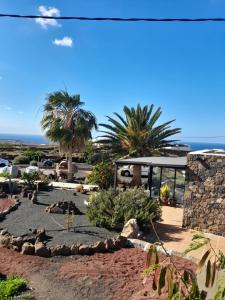 uma vista para um jardim com palmeiras e um edifício em Apartamento con terraza y jardín em Las Breñas