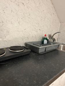 a kitchen sink with a bottle of soap in it at Studio Flat In Croydon in Thornton Heath