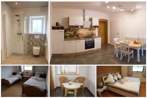 four pictures of a kitchen and a living room with a table at Bio-Bauernhof Eisele in Scheuring