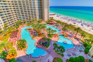 an aerial view of the water park at the resort at Shores of Panama, Unit #1415 in Panama City Beach