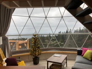 a living room with a christmas tree in front of a large window at Domes Rocher Percé at Domaine Renard in Perce