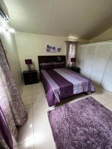 a bedroom with a purple bed and two purple rugs at Simply Cassine in Falmouth