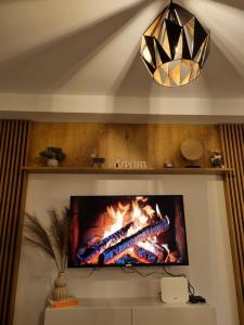 a flat screen tv on a wall with a fireplace at Vila Jahor - Apartmani Trifković in Jahorina