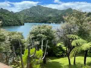 Blick auf einen See mit Bäumen und einen Berg in der Unterkunft Waterfall Bay in Broughton Bay