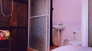 a bathroom with a sink and a toilet and a door at Alpha Arenal in Fortuna