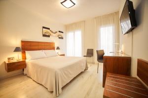 トメリョソにあるEl Hostal de Violetaのベッドとテレビが備わるホテルルームです。