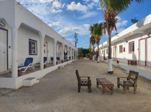 a row of white buildings with benches and palm trees at Squalo's Place in Holbox Island
