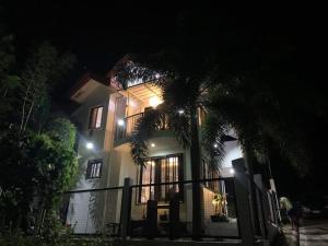 a house with a palm tree in front of it at night at A sea view 3 bedroom beach vacation home in Camudmud
