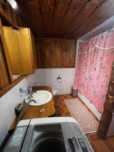 a small bathroom with a sink and a pink shower curtain at Cabañas Llakolen in Neltume