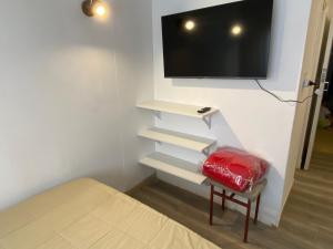 1 dormitorio con 1 cama y TV en la pared en Mar del Plata Guemes Centro en Mar del Plata