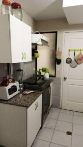 拉巴斯的住宿－acogedor departamento，一间带炉灶和微波炉的小厨房