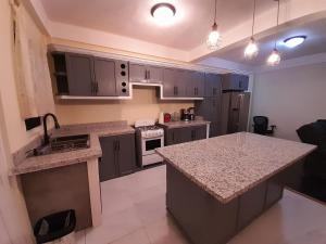 a kitchen with gray cabinets and a counter top at Tropical Suites in Choiseul