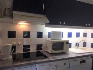 blat kuchenny z kuchenką mikrofalową i zlewem w obiekcie Pavillon lumineux 3 pièces avec piscine - 6 couchages, proche mer et commerces, parking privé - FR-1-229-818 w mieście Gruissan +12 zdjęć