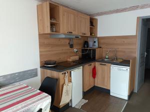 a small kitchen with wooden cabinets and a sink at Charmant 2 pièces rénové, 5 pers, 30m², ski aux pieds, au cœur des Bruyères - Les Menuires - FR-1-178-372 in Les Bruyères