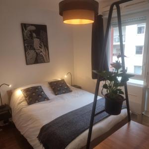 a bedroom with a bed with a lamp and a plant at Lyon Montchat Villeurbanne Studio refait à neuf climatisé et parking privé in Villeurbanne
