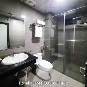 ein Bad mit einem WC, einem Waschbecken und einer Dusche in der Unterkunft Ros Hotel Tam Đảo in Tam Ðảo