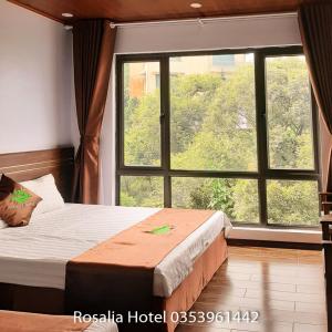 タムダオにあるRos Hotel Tam Đảoのベッドルーム1室(ベッド1台、大きな窓付)