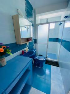 uma casa de banho azul com um WC e um lavatório em Apartamentos Sweet Island em San Andrés