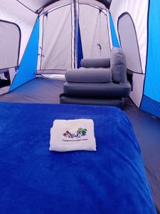 特來亞卡潘的住宿－Maktub TlayaGlamping，蓝色和白色的帐篷,前面配有床垫