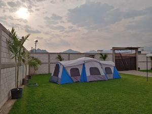特來亞卡潘的住宿－Maktub TlayaGlamping，院子里的蓝色和白色帐篷