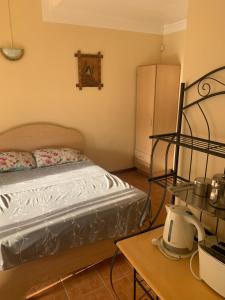 a bedroom with a bed and a iron bed frame at Baleau Villas Studio in Pereybere
