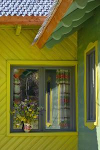 ein Fenster eines Hauses mit einer Blumenvase in der Unterkunft Alunis Retreat in Aluniş