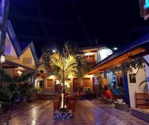 una palmera frente a un edificio por la noche en Foxtail Siargao Island Guesthouse, en General Luna