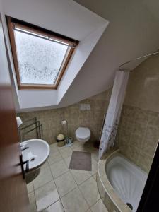 a bathroom with a sink and a toilet and a tub at Penzion Solna Jaskyna in Turčianske Teplice