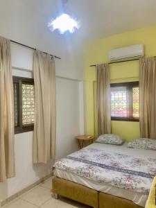 a bedroom with a bed and two windows at Alona's Apartments - Beach Apartment in Haifa