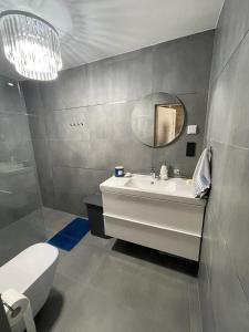 a bathroom with a sink and a mirror and a toilet at Jodłowy Zakątek NEW in Niechorze