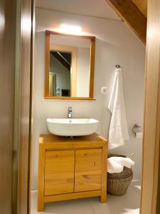 uma casa de banho com um lavatório e um espelho em apartmány V Lese em Bedřichov