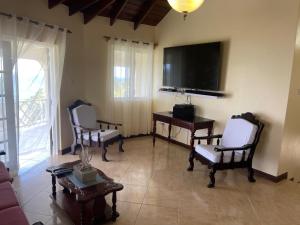 a living room with two chairs and a television at ‘MAYARO’ Private Room with Ocean View in Saint Philip