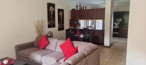 a living room with a couch with red pillows at Sea's the Day in St Lucia