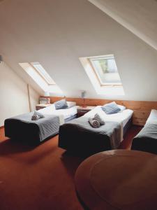 two beds in a room with two skylights at Hotel 365 in Kielce