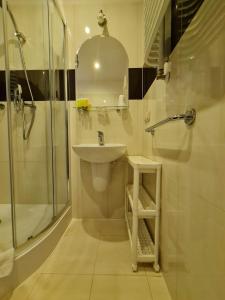 a bathroom with a sink and a shower at Hotel 365 in Kielce
