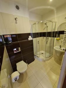 a bathroom with a shower and a toilet and a sink at Hotel 365 in Kielce