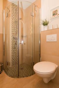 a bathroom with a glass shower with a toilet at Meer Residenz Warnemuende in Warnemünde