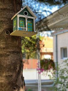 a bird house on the side of a tree at Maslina Rooms in Smederevo
